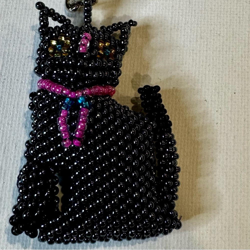 Black BEADED CAT Pink Collar Keychain Purse Handbag Tote Charm